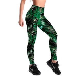 Bright Green Tropical Ferns Shiny Long Leggings